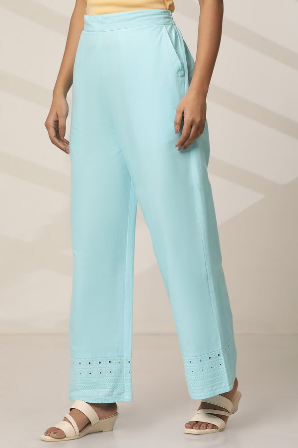 Sky Blue Embroidered Wide Leg Cotton Palazzo With Elasticated Waist