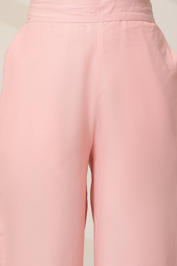 Pink Embroidered Straight Fit Cotton Palazzo With Elasticated Waist