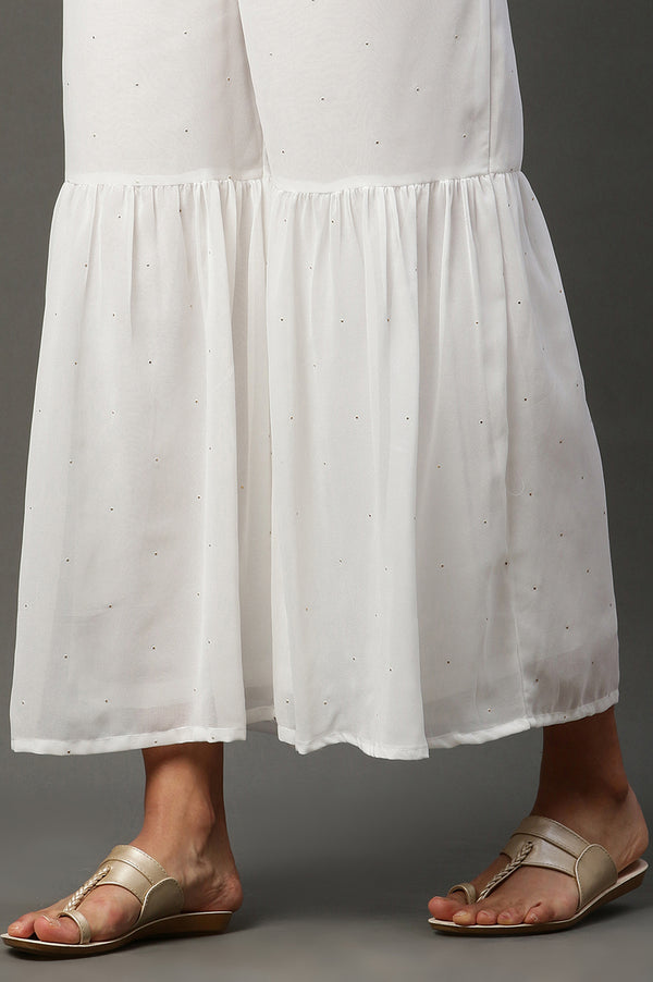 White Polka Dots Printed Flared Georgette Sharara With Elasticated Waist