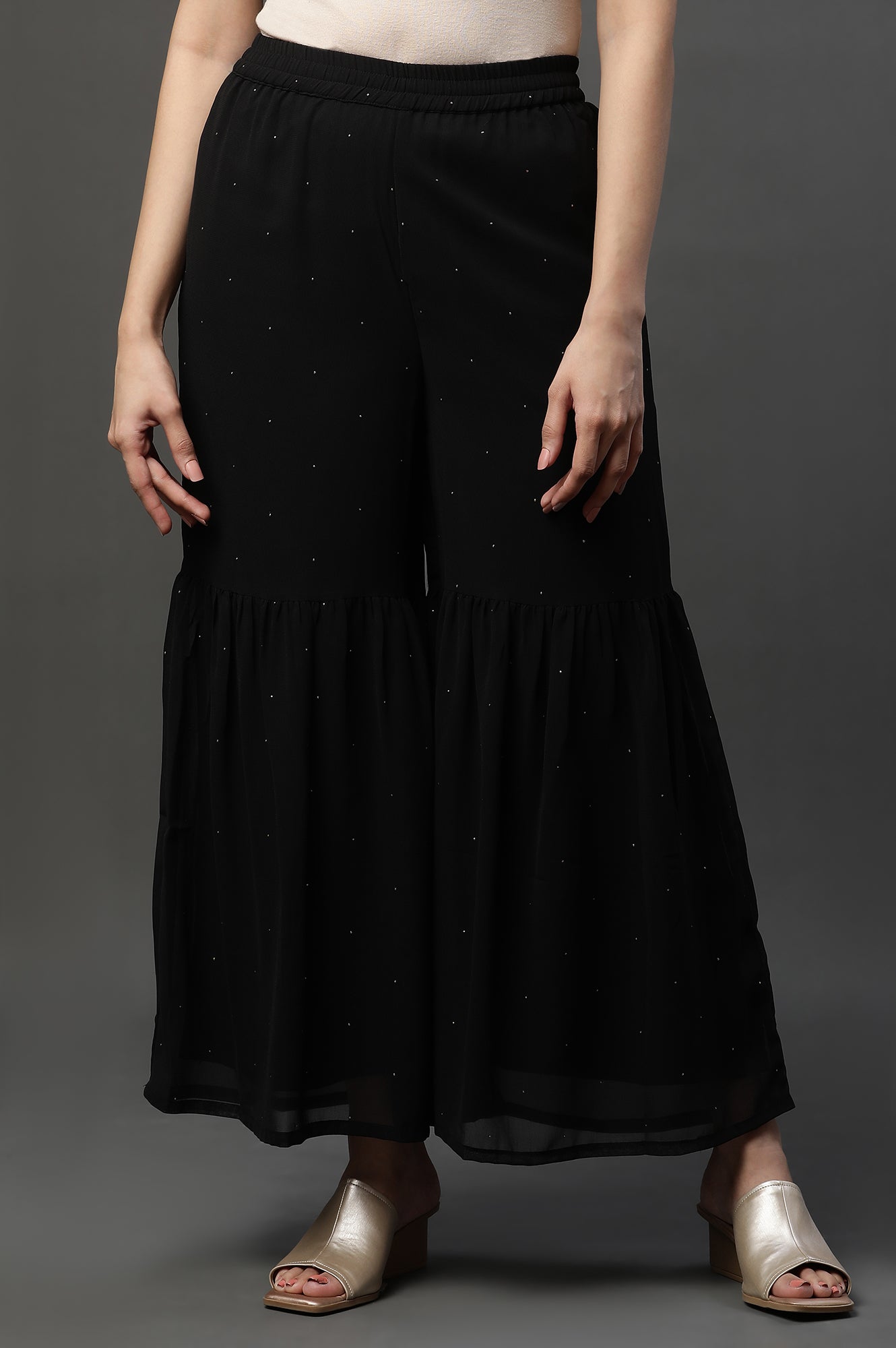 Black Polka Dots Printed Flared Georgette Sharara With Elasticated Waist