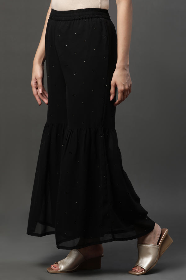 Black Polka Dots Printed Flared Georgette Sharara With Elasticated Waist