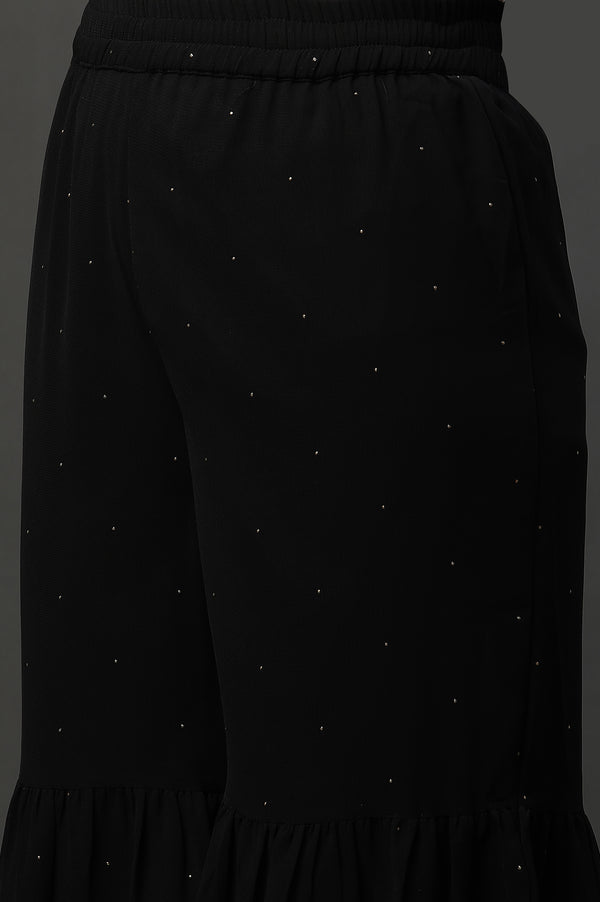 Black Polka Dots Printed Flared Georgette Sharara With Elasticated Waist