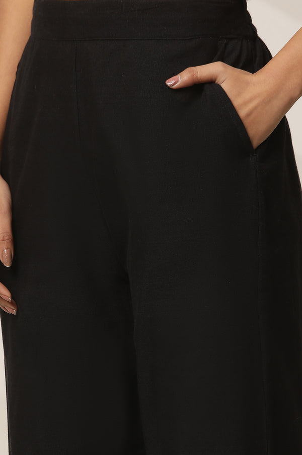 Black Embroidered Semi Flared Cotton Palazzo With Side Pockets
