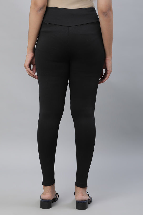 Black Solid Skinny Fit Tights With Criss Cross Waistband