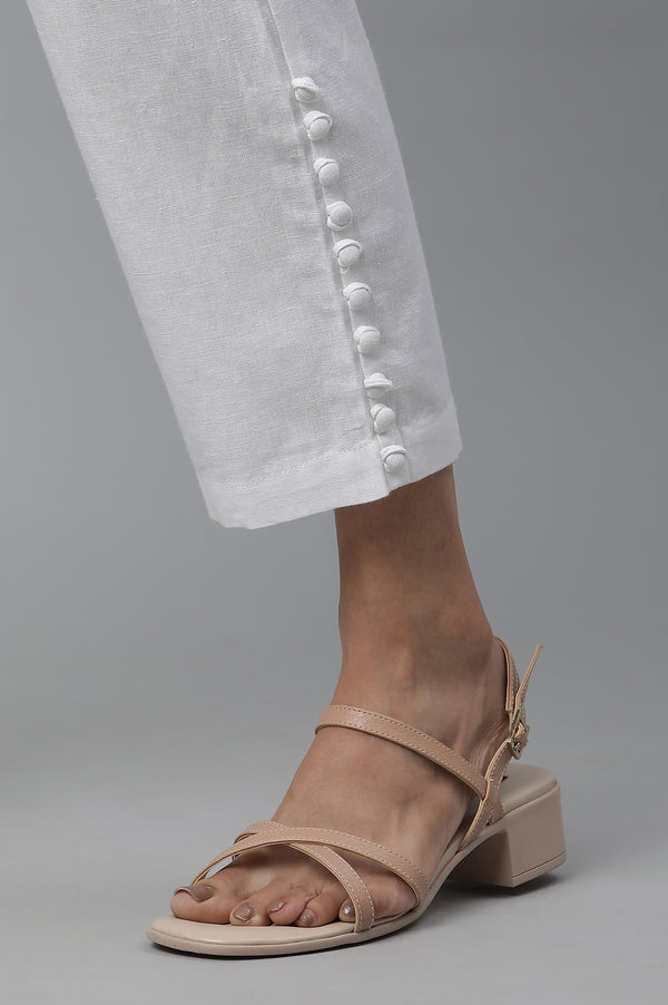 White Solid Straight Fit Cotton Trousers With Button Detail