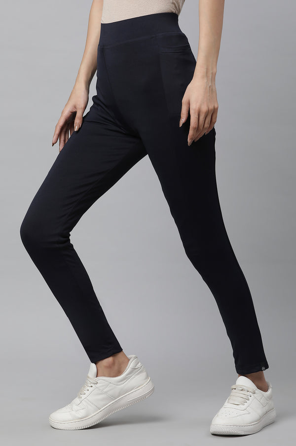 Navy Blue Solid Skinny Fit Tights With Elasticated Waist