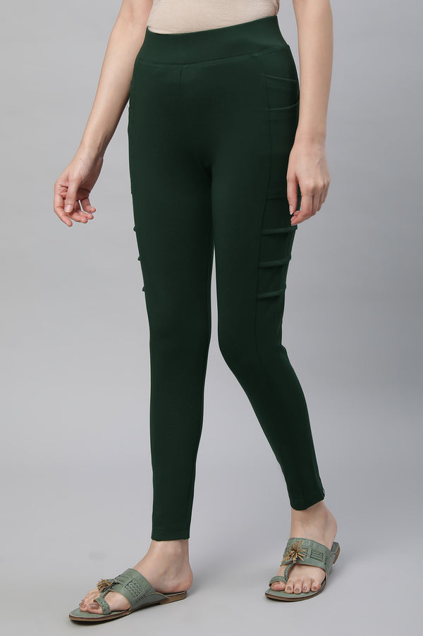 Bottle Green Solid Skinny Fit Tights With Side Pockets