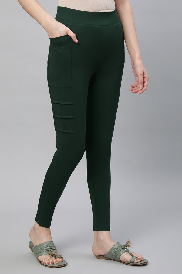 Bottle Green Solid Skinny Fit Tights With Side Pockets