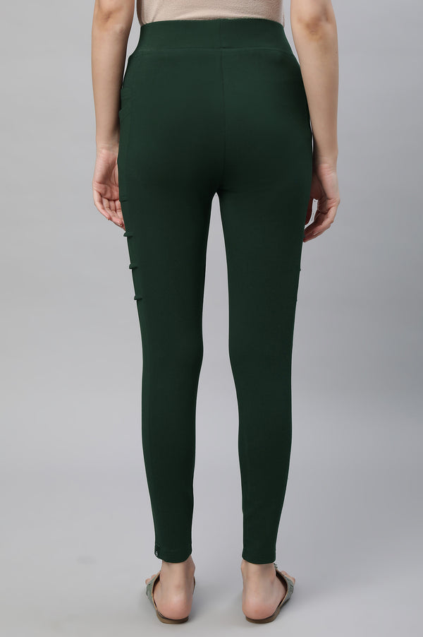 Bottle Green Solid Skinny Fit Tights With Side Pockets