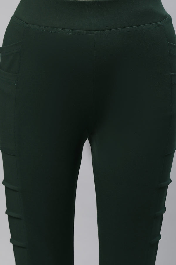 Bottle Green Solid Skinny Fit Tights With Side Pockets