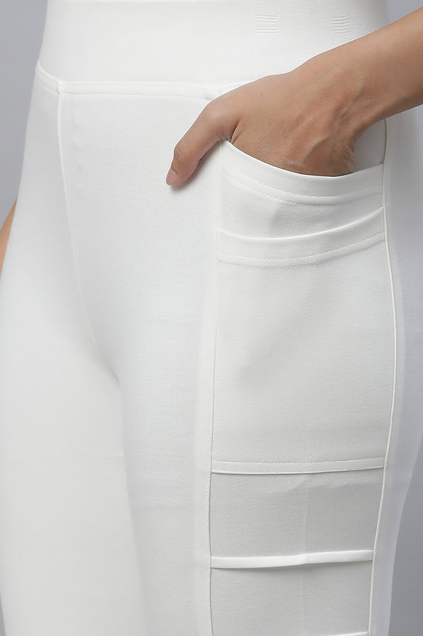 White Solid Skinny Fit Yoga Tights With Side Pockets