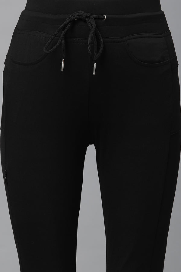 Black Solid Boot Cut Pants With Drawstring