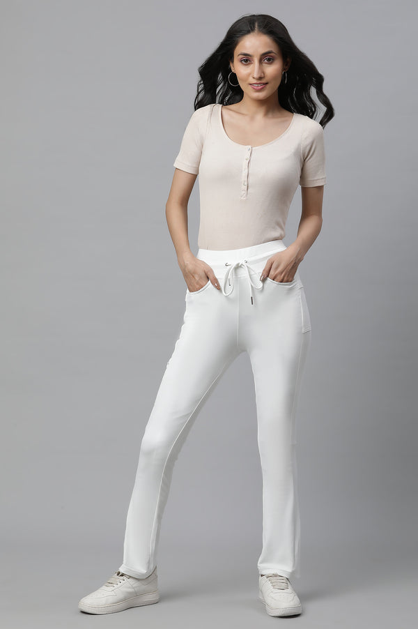 White Solid Boot Cut Pants With Drawstring