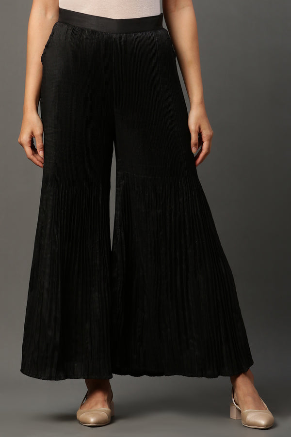 Black Solid Flared Woven Sharara With Pleats