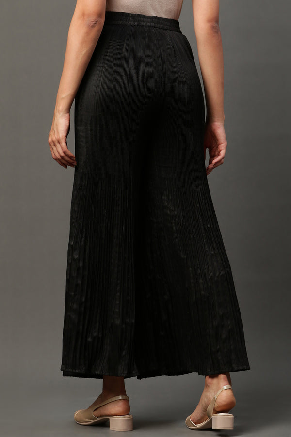 Black Solid Flared Woven Sharara With Pleats