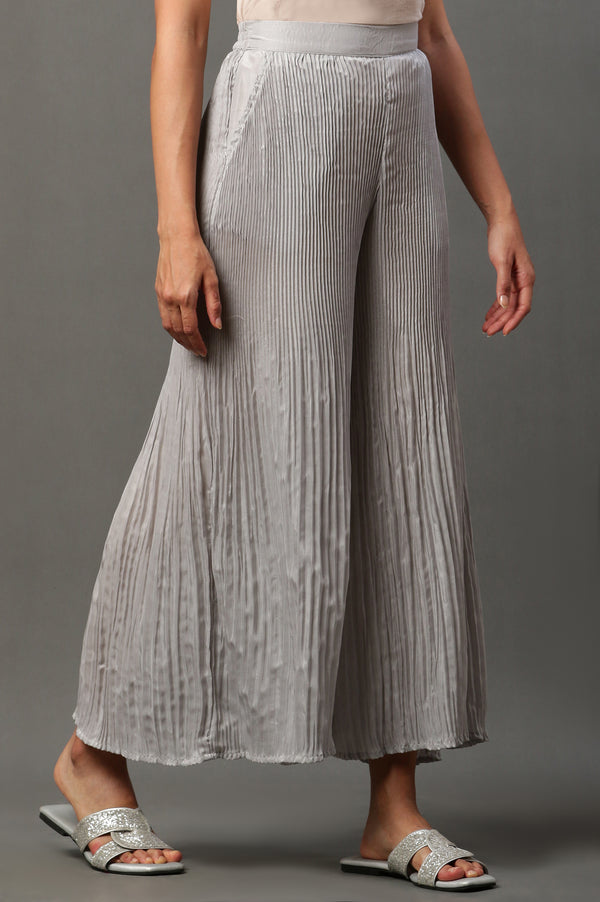 Silver Solid Flared Woven Sharara With Pleated Detail