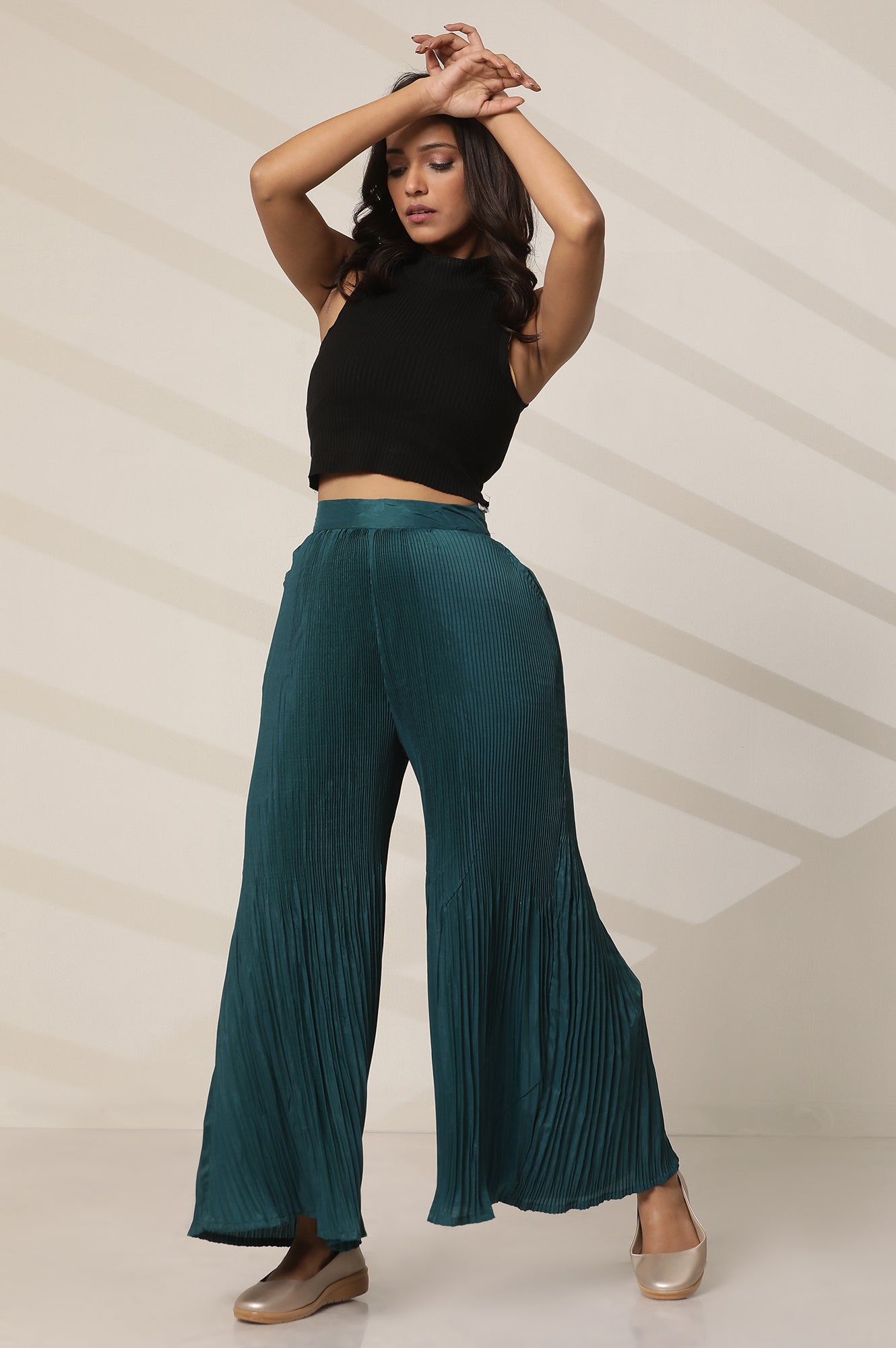 Teal Solid Flared Woven Sharara With Pleats