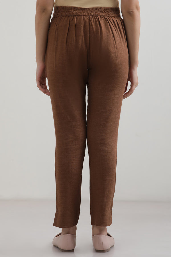 Brown Solid Straight Fit Cotton Pants