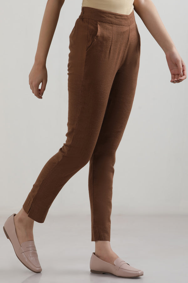 Brown Solid Straight Fit Cotton Pants