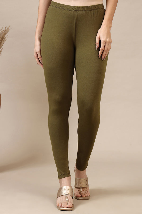 Green Solid Skinny Fit Cotton Lycra Leggings With Elasticated Waist