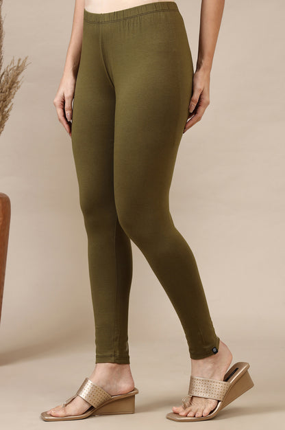 Green Cotton Lycra Ankle Length Leggings