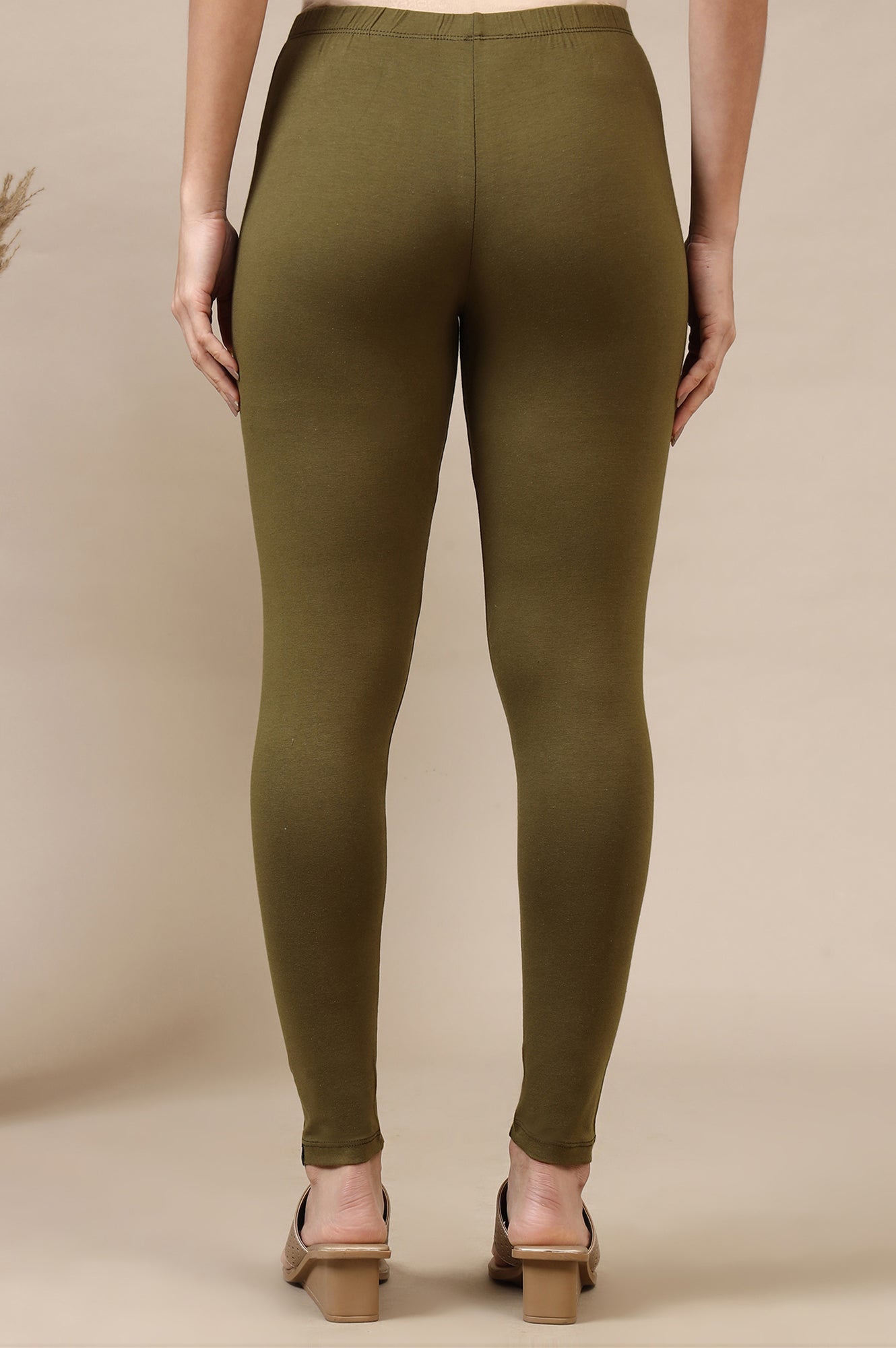 Green Cotton Lycra Ankle Length Leggings