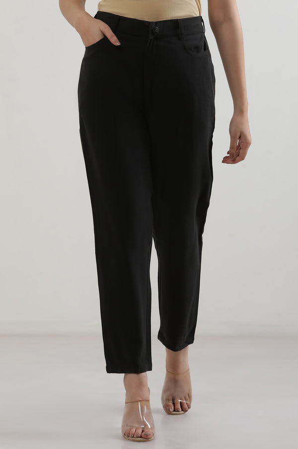 Black Solid Straight Fit Rayon Pants With Button Closure