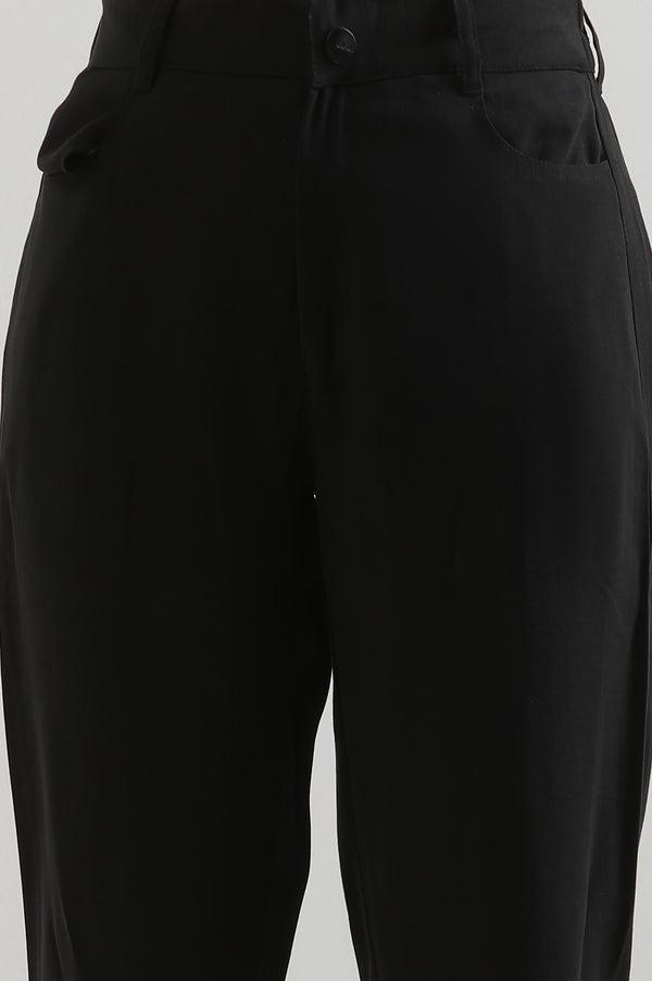 Black Solid Straight Fit Rayon Pants With Button Closure