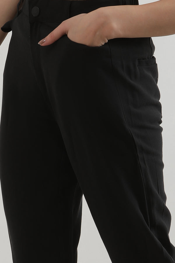 Black Solid Straight Fit Rayon Pants With Button Closure
