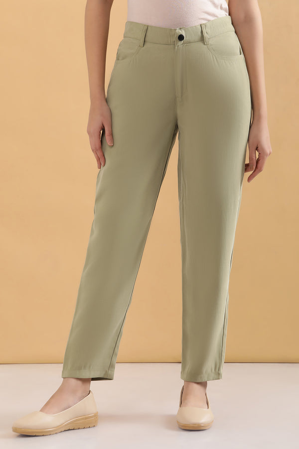 Green Solid Straight Fit Woven Pants With Belt Loops