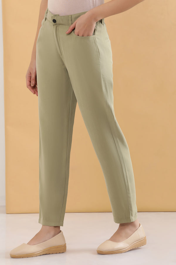 Green Solid Straight Fit Woven Pants With Belt Loops
