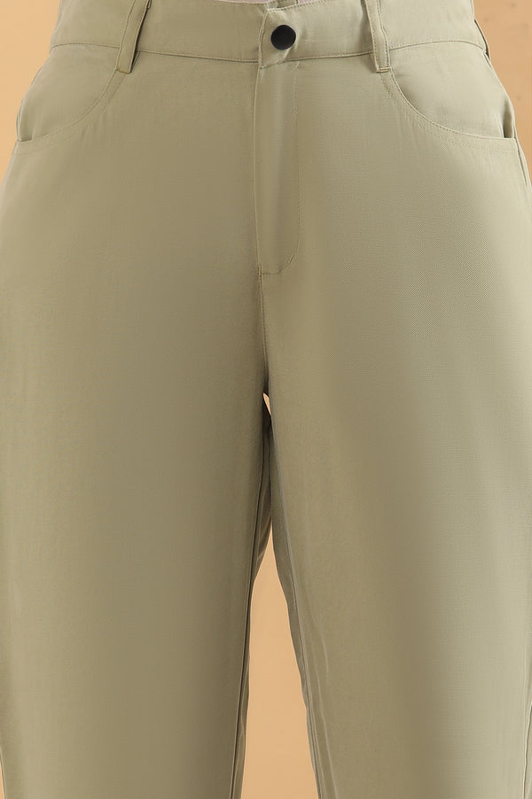 Green Solid Straight Fit Woven Pants With Belt Loops