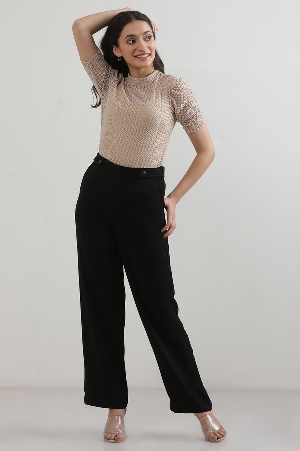 Black Solid Straight Fit Woven Pants With Zipper Closure