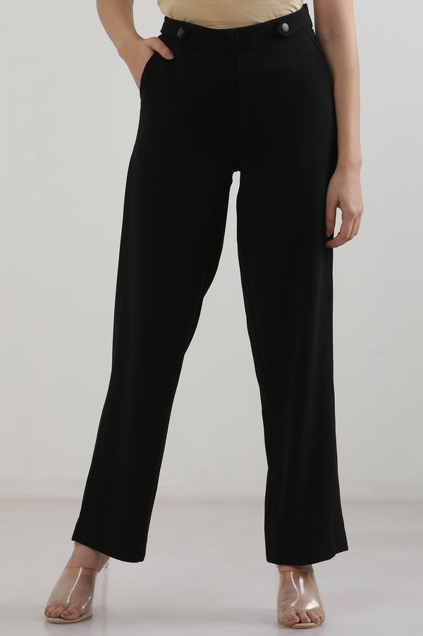 Black Solid Straight Fit Woven Pants With Zipper Closure