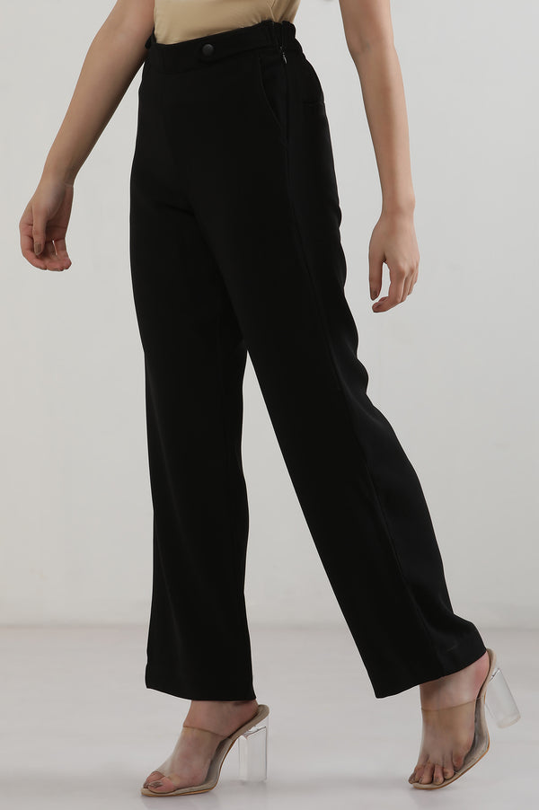 Black Solid Straight Fit Woven Pants With Zipper Closure