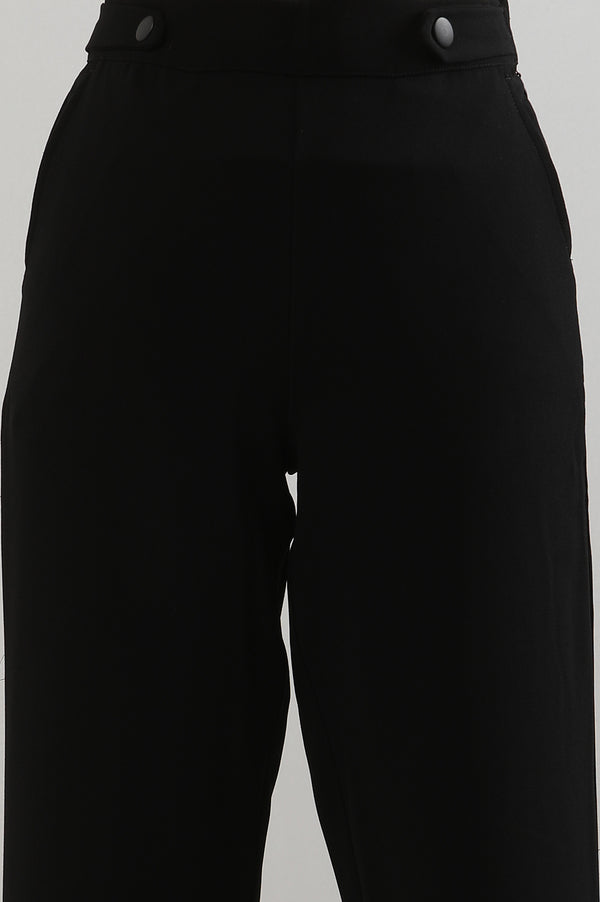 Black Solid Straight Fit Woven Pants With Zipper Closure
