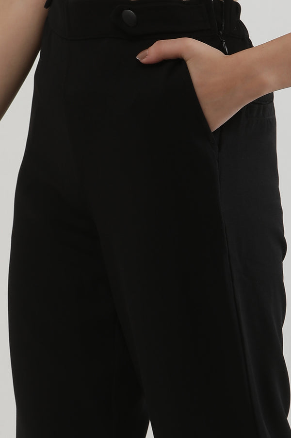 Black Solid Straight Fit Woven Pants With Zipper Closure