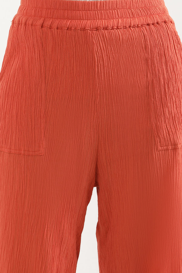 Rust Solid Wide Leg Rayon Culottes With Elasticated Waist