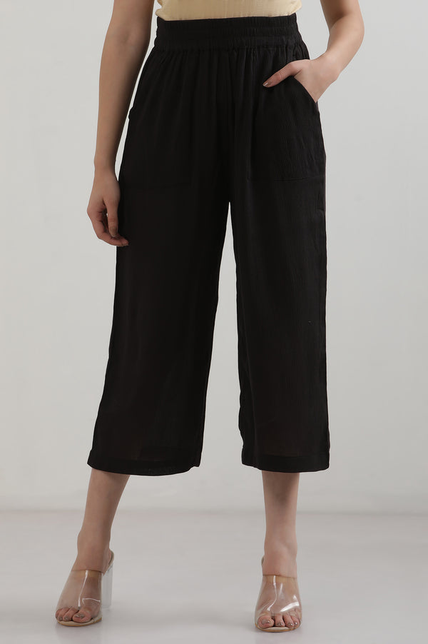 Black Solid Flared Rayon Culottes With Elasticated Waist