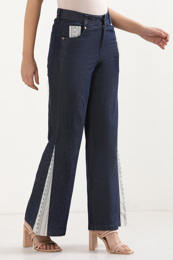Blue Solid Flared Denim Palazzo With Printed Side Inserts
