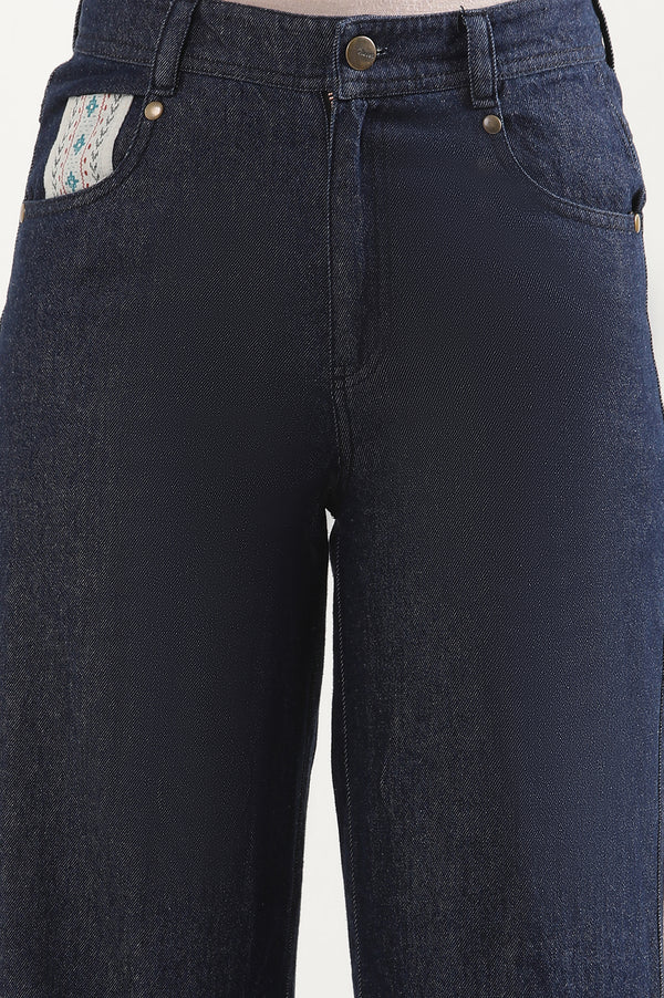 Blue Solid Flared Denim Palazzo With Printed Side Inserts