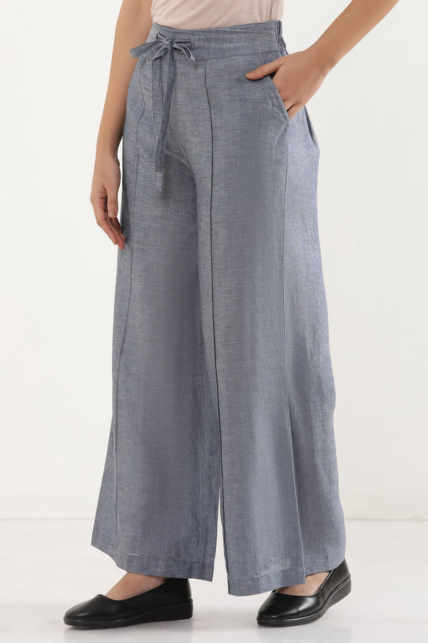Blue Solid Flared Denim Pants With Tie Detail