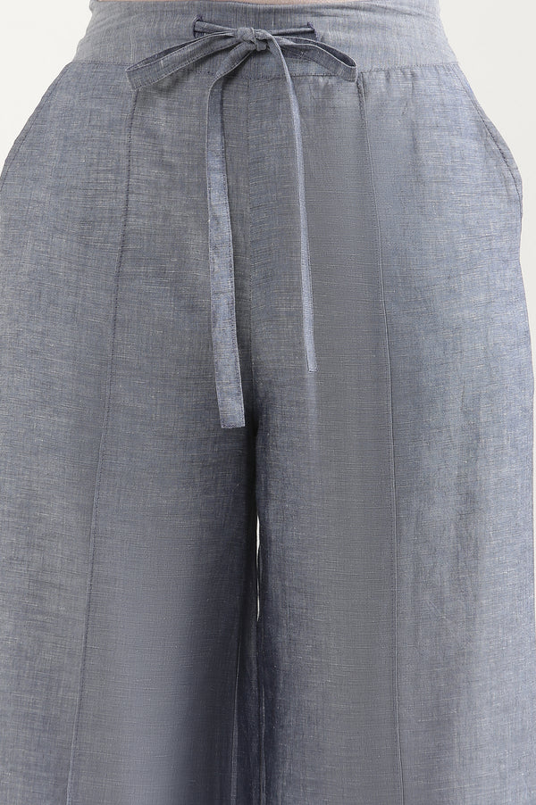 Blue Solid Flared Denim Pants With Tie Detail