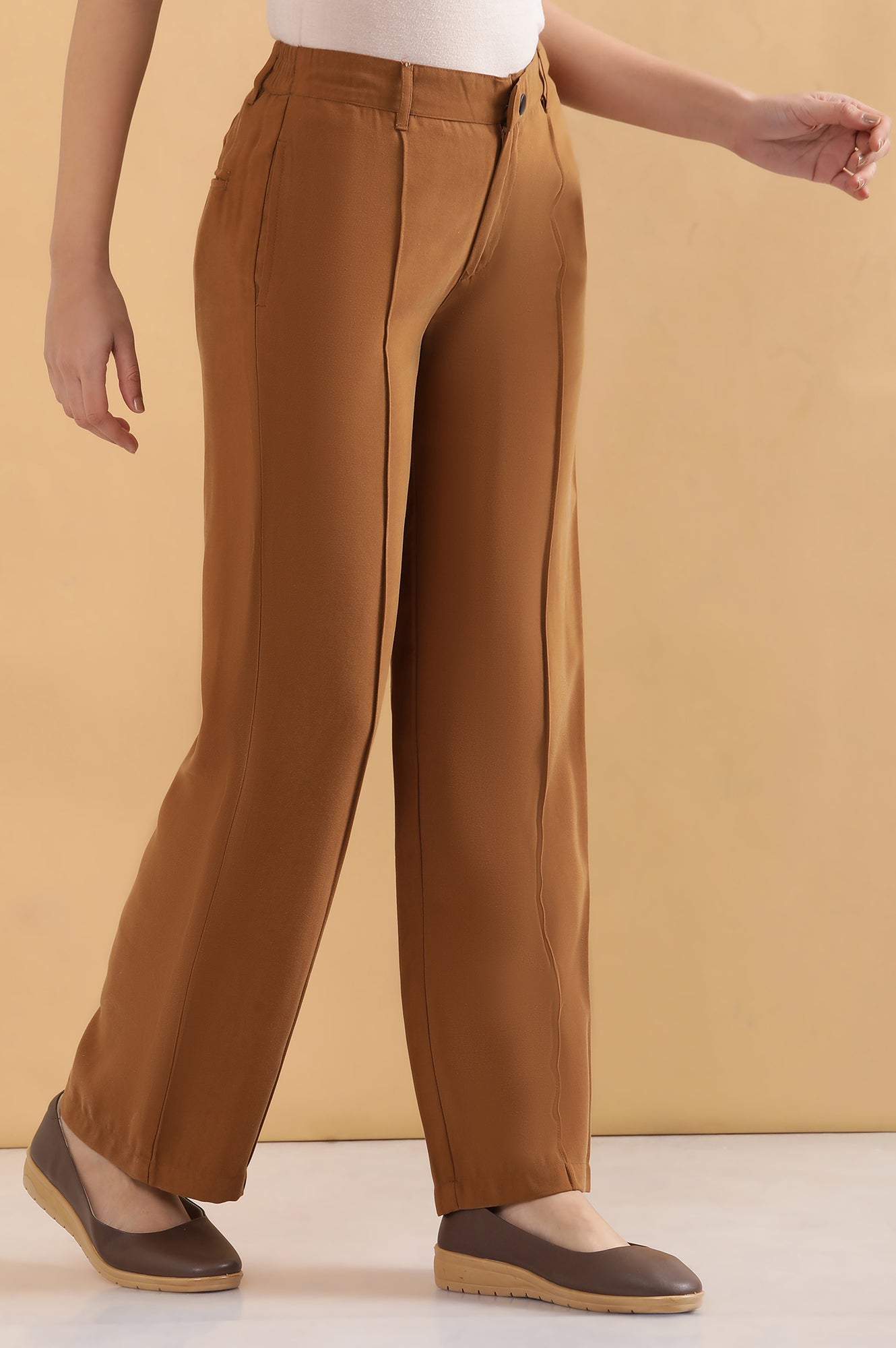 Buy Brown Solid Straight Fit Rayon Pants With Pintuck Detail