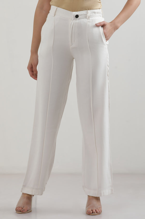 White Solid Straight Fit Rayon Pants