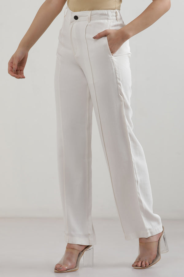 White Solid Straight Fit Rayon Pants