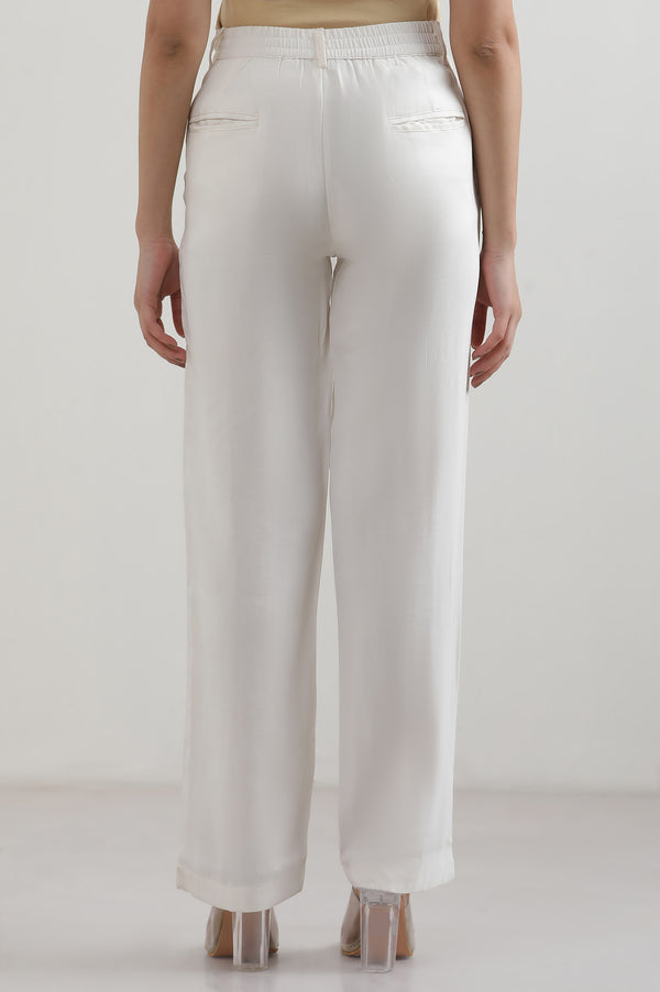 White Solid Straight Fit Rayon Pants