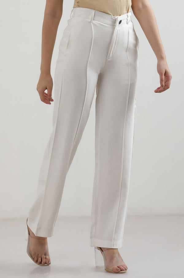 White Solid Straight Fit Rayon Pants