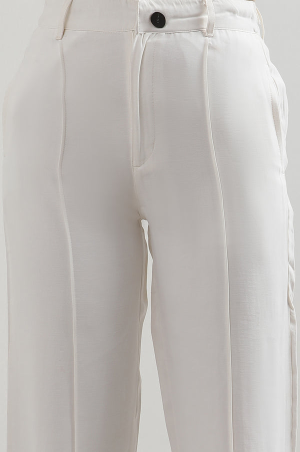 White Solid Straight Fit Rayon Pants