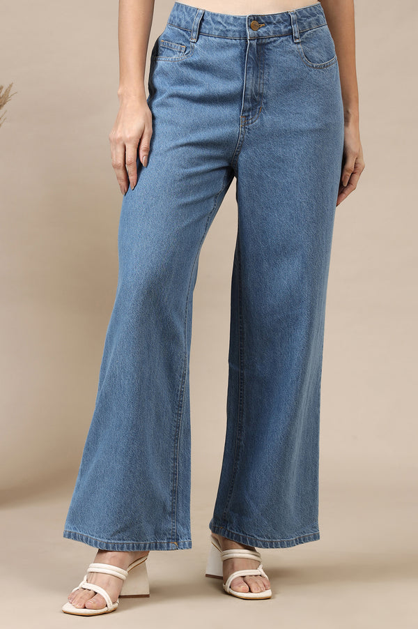 Light Blue Solid Flared Cotton Denim Pants With High Waisted Design